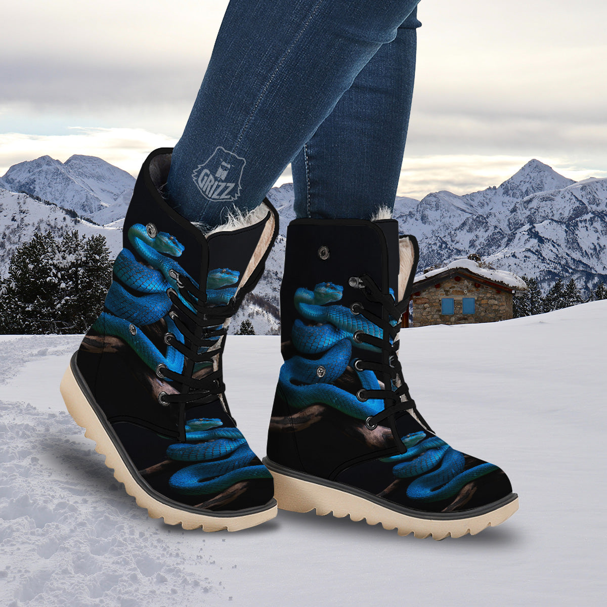 Viper Snake Blue Pit Print Snow Boots-grizzshop