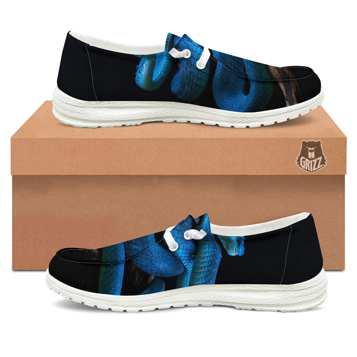 Viper Snake Blue Pit Print White Loafers-grizzshop