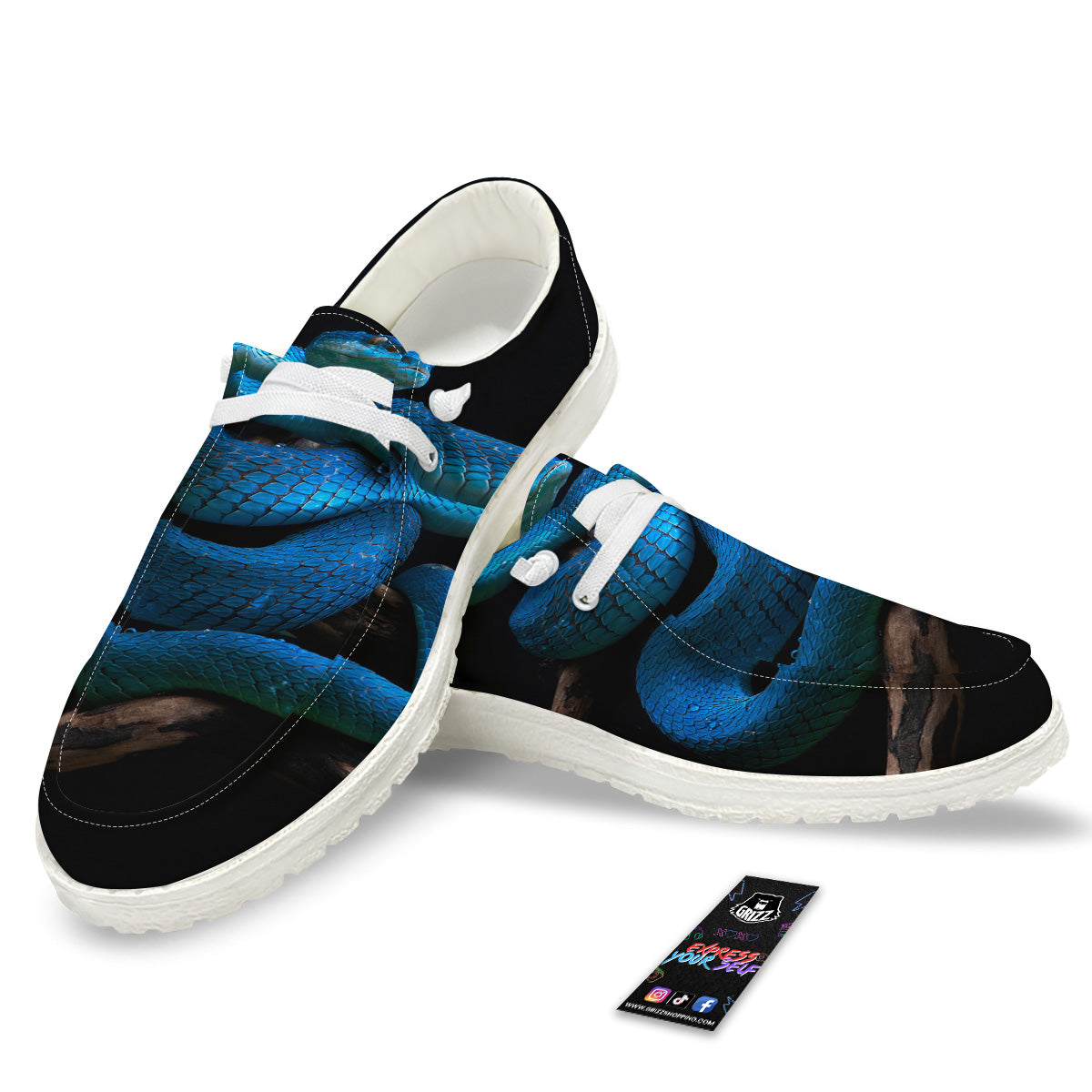 Viper Snake Blue Pit Print White Loafers-grizzshop