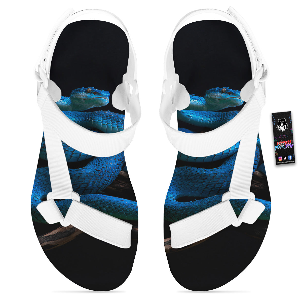 Viper Snake Blue Pit Print White Open Toe Sandals-grizzshop