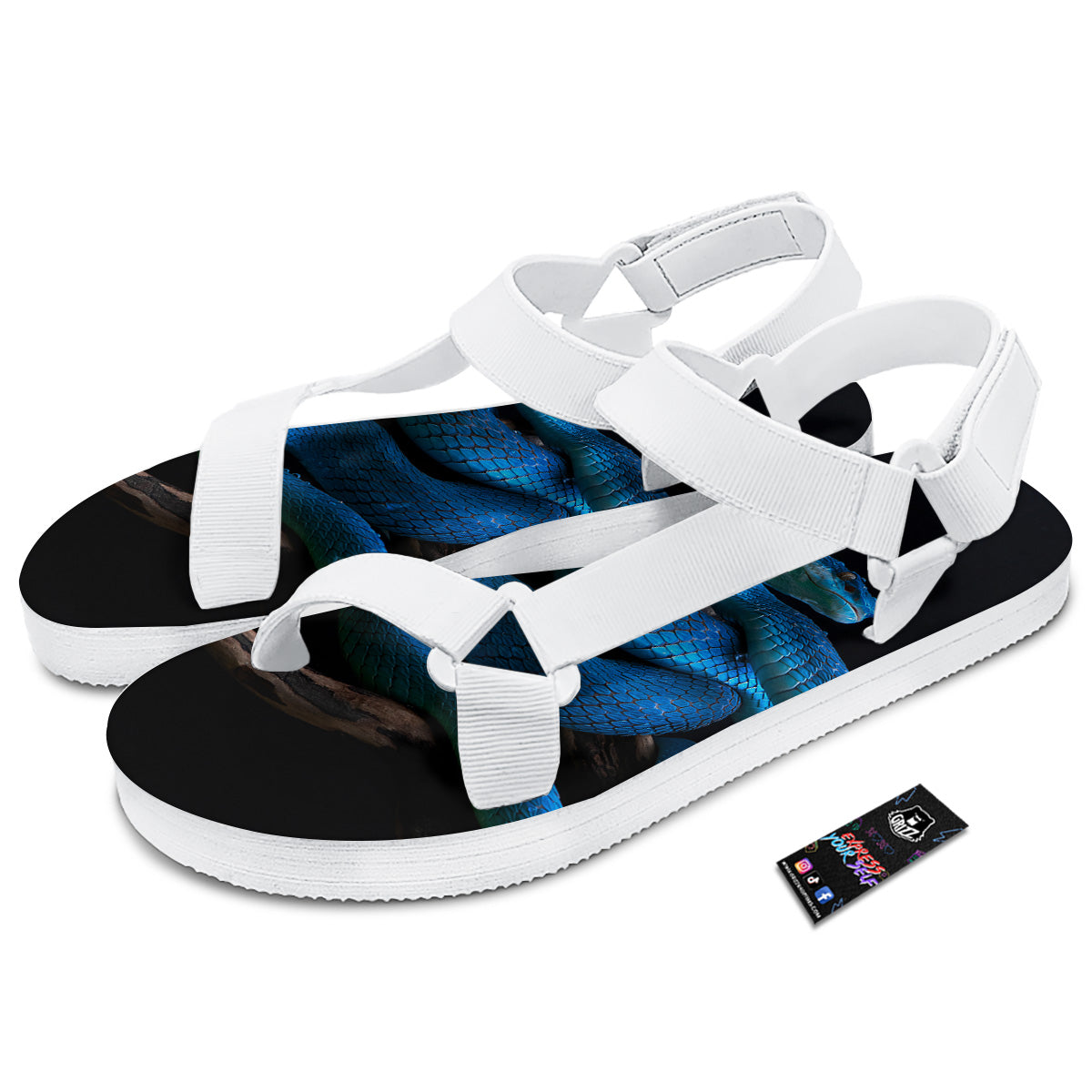 Viper Snake Blue Pit Print White Open Toe Sandals-grizzshop