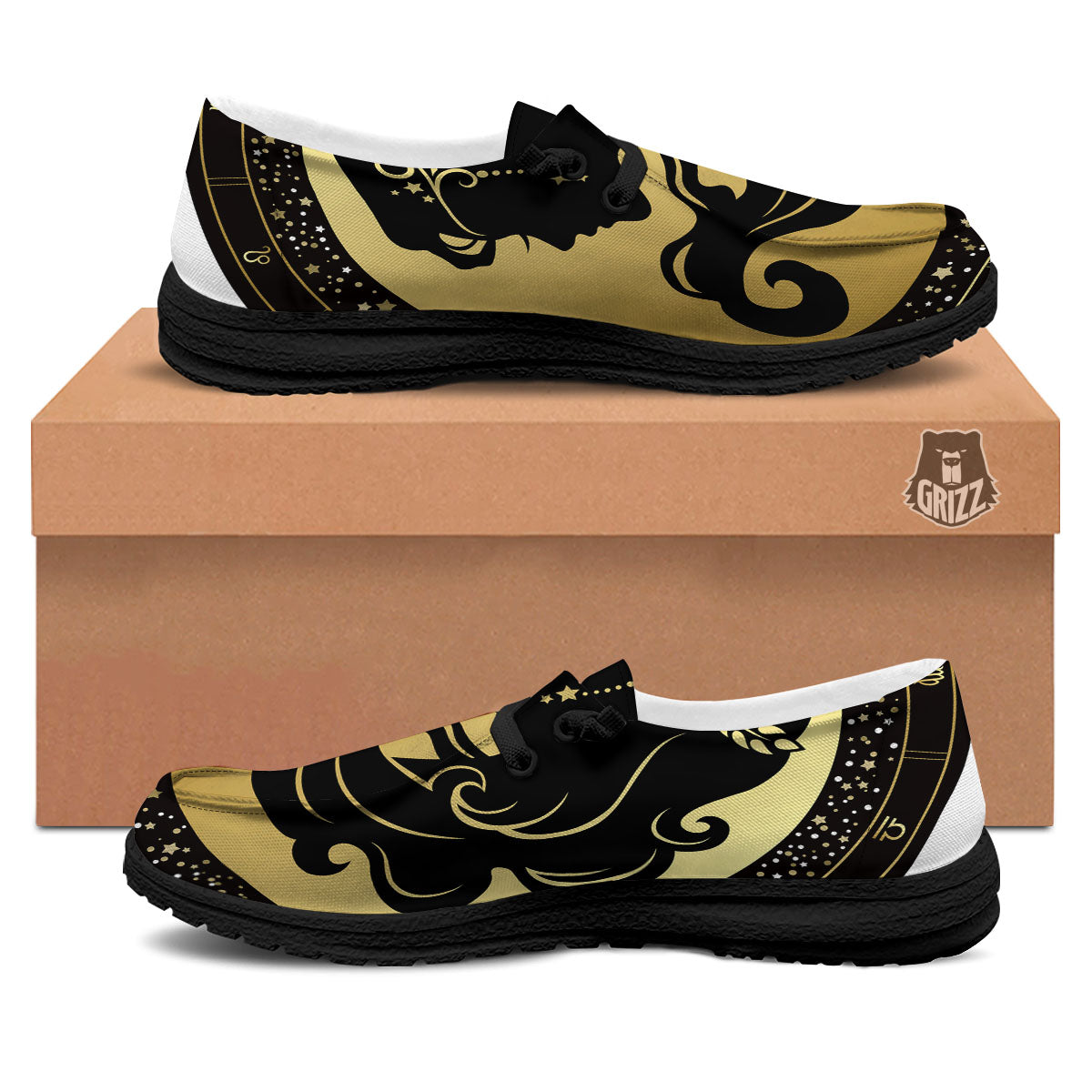 Virgo Sign Black And Gold Print Black Loafers-grizzshop