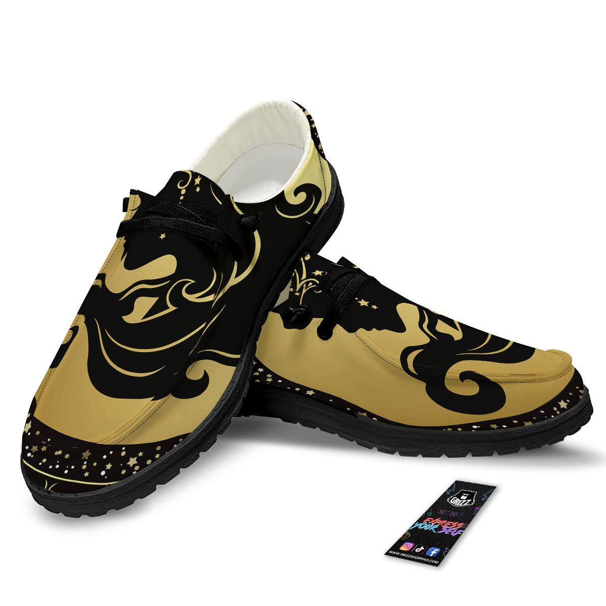 Virgo Sign Black And Gold Print Black Loafers-grizzshop