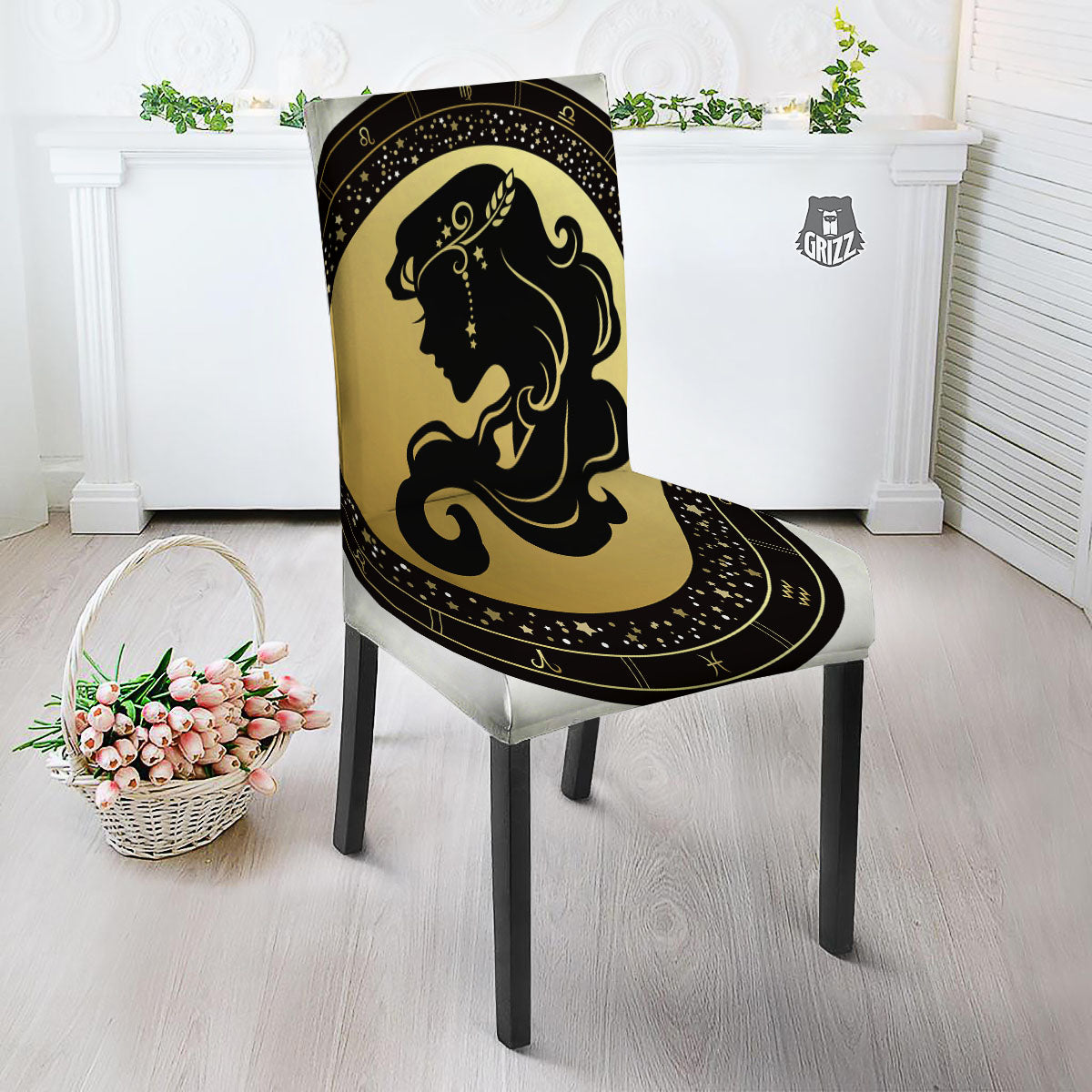 Virgo Sign Black And Gold Print Dining Chair Slipcover-grizzshop