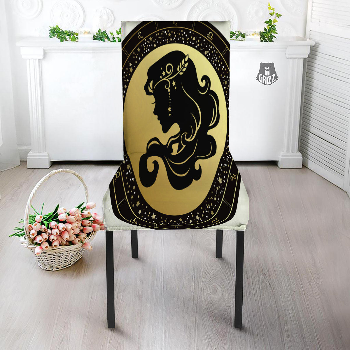 Virgo Sign Black And Gold Print Dining Chair Slipcover-grizzshop
