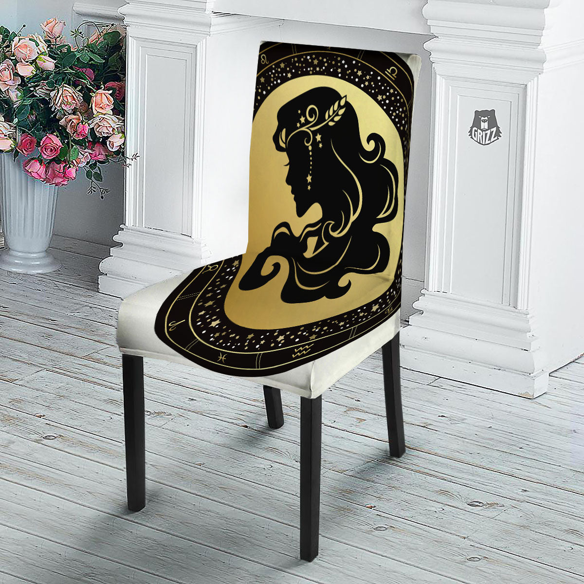 Virgo Sign Black And Gold Print Dining Chair Slipcover-grizzshop