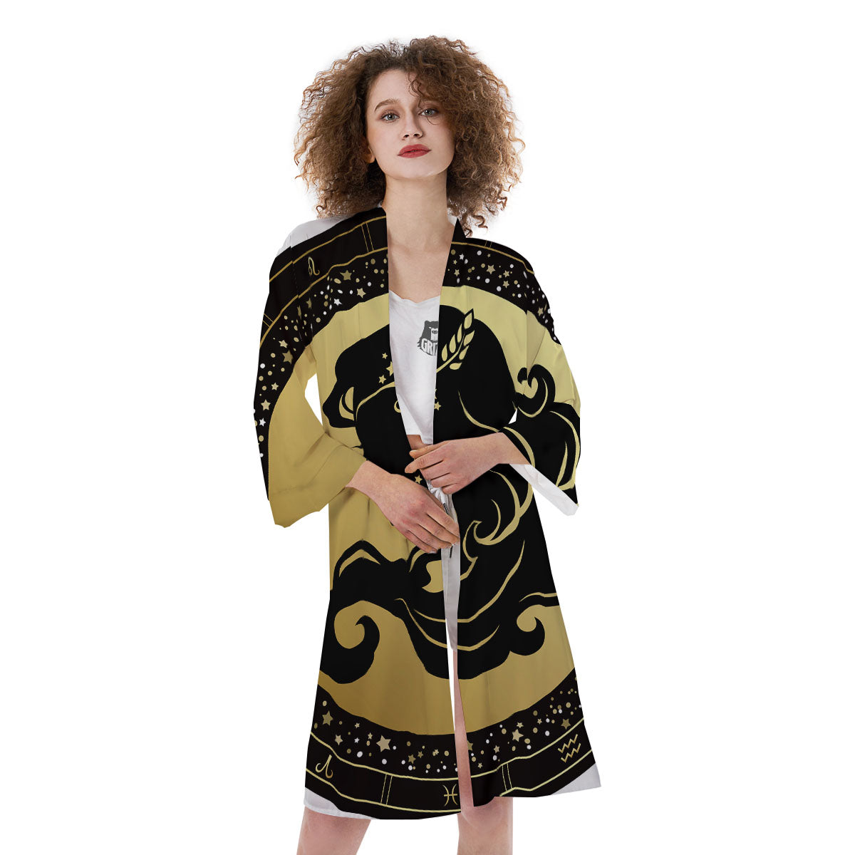 Virgo Sign Black And Gold Print Kimono-grizzshop