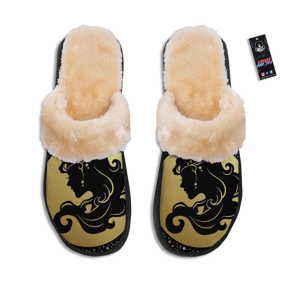 Virgo Sign Black And Gold Print Slippers-grizzshop