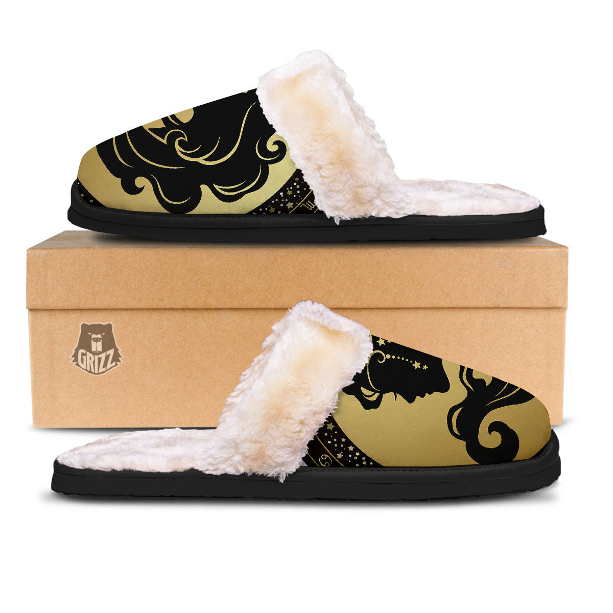 Virgo Sign Black And Gold Print Slippers-grizzshop