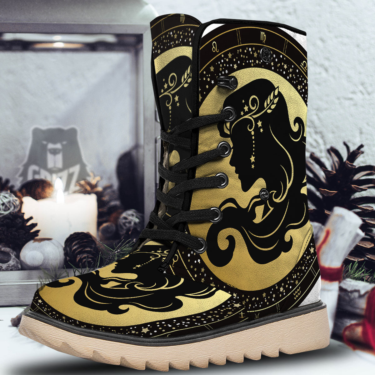 Virgo Sign Black And Gold Print Snow Boots-grizzshop