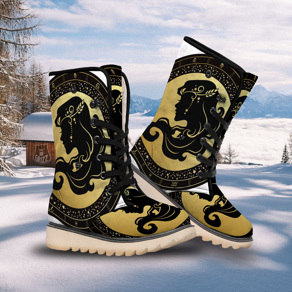 Virgo Sign Black And Gold Print Snow Boots-grizzshop