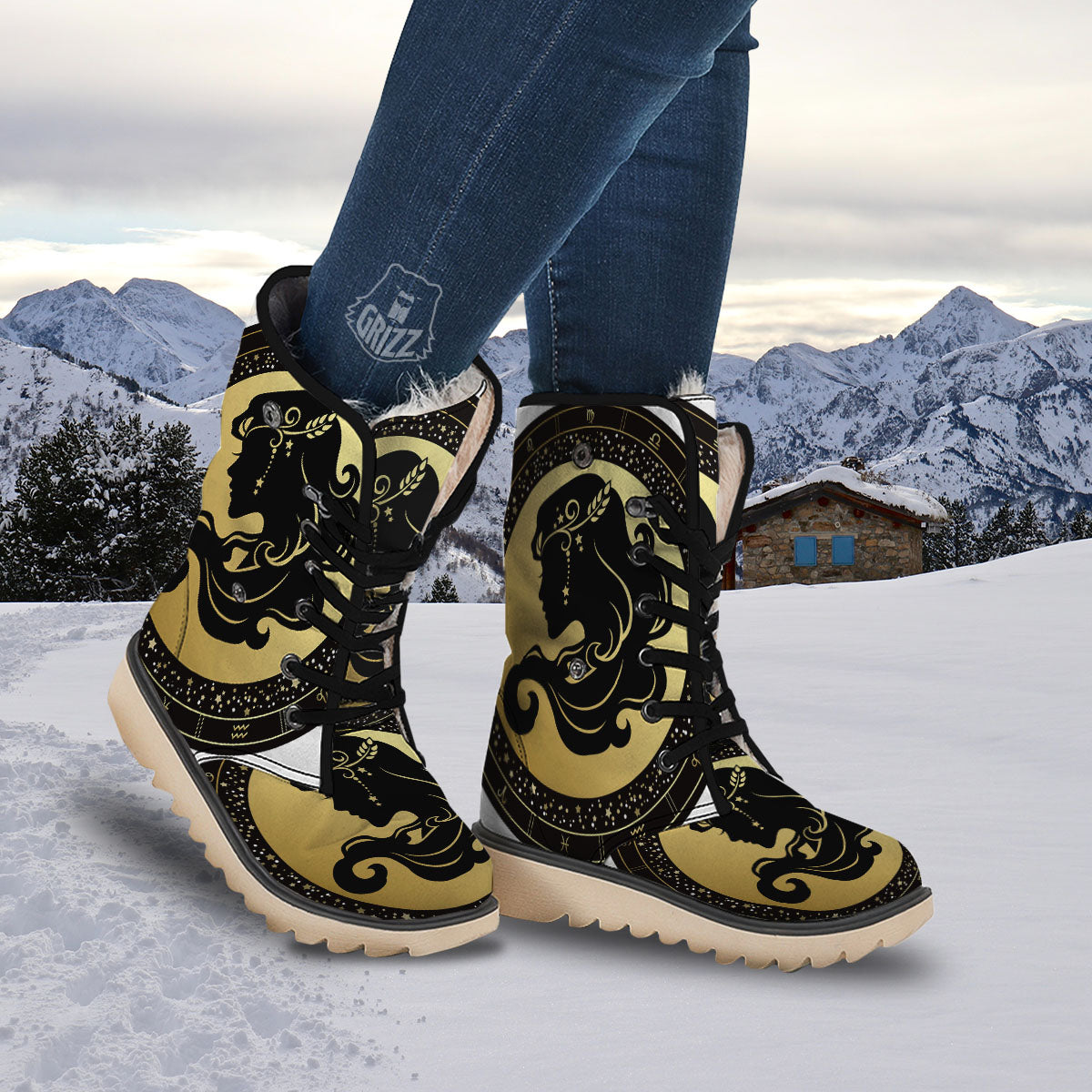 Virgo Sign Black And Gold Print Snow Boots-grizzshop
