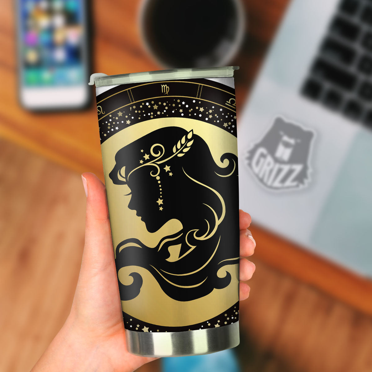 Virgo Sign Black And Gold Print Tumbler-grizzshop