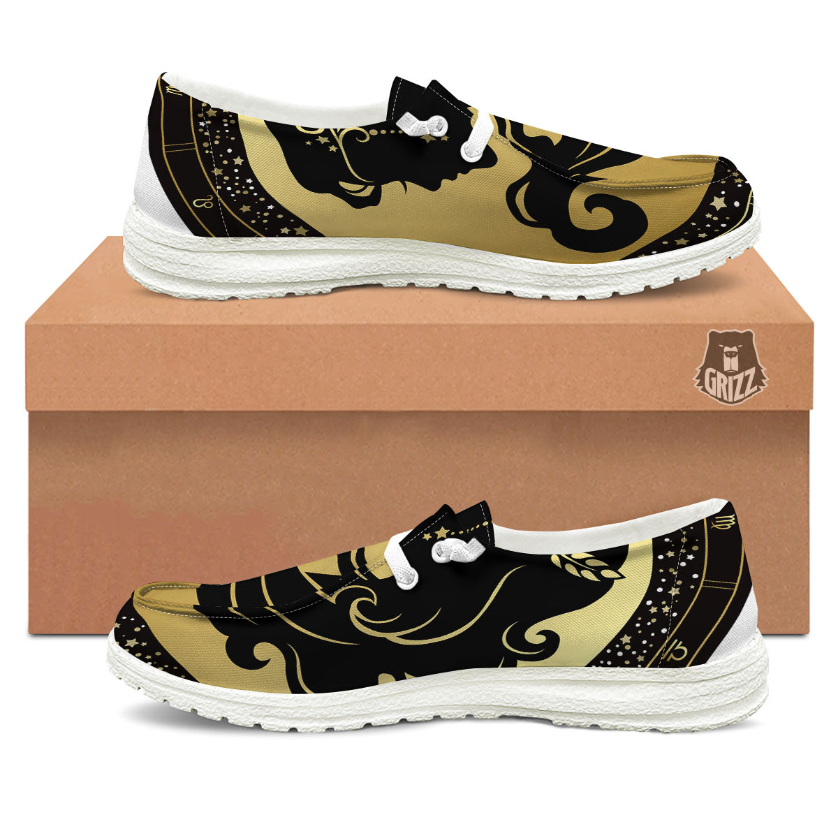 Virgo Sign Black And Gold Print White Loafers-grizzshop