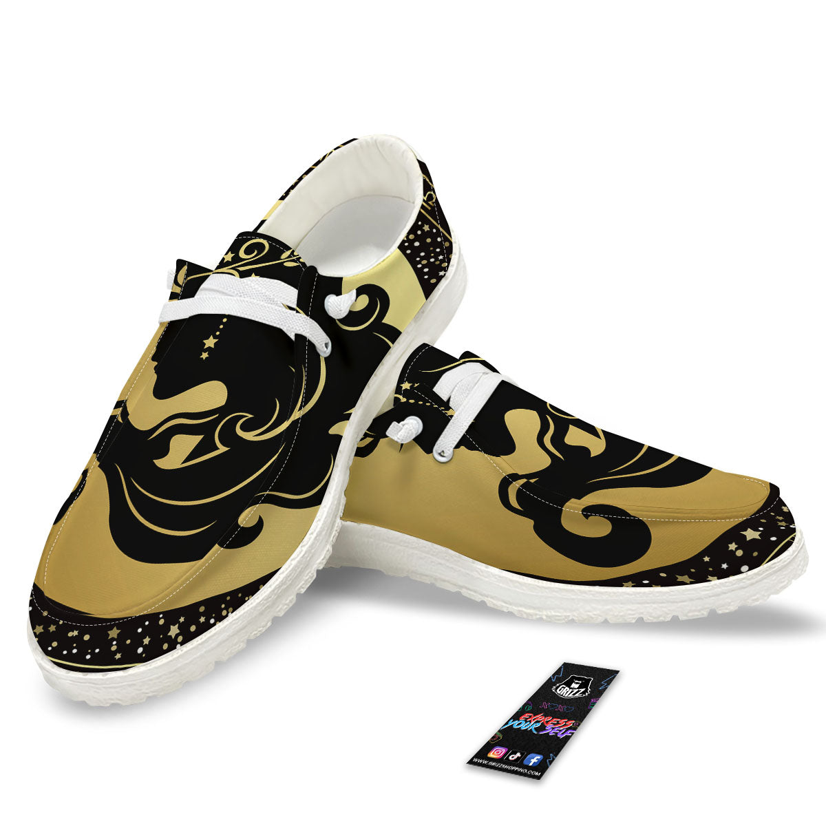 Virgo Sign Black And Gold Print White Loafers-grizzshop