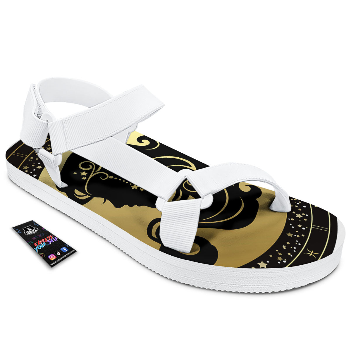 Virgo Sign Black And Gold Print White Open Toe Sandals-grizzshop