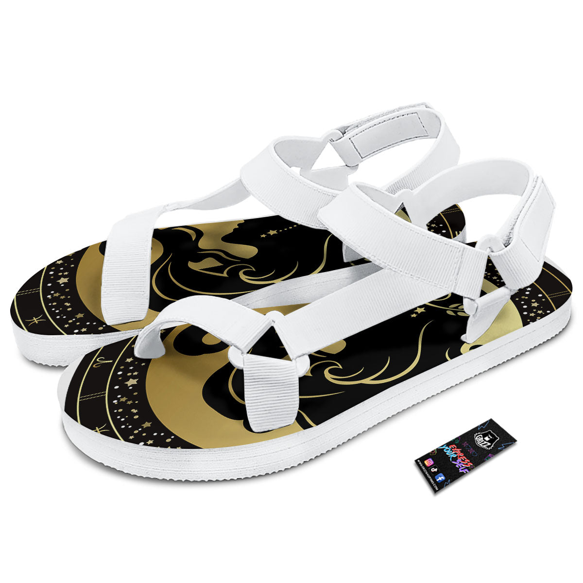 Virgo Sign Black And Gold Print White Open Toe Sandals-grizzshop