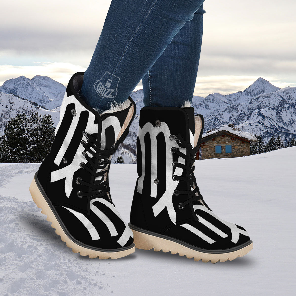Virgo Sign White And Black Print Snow Boots-grizzshop