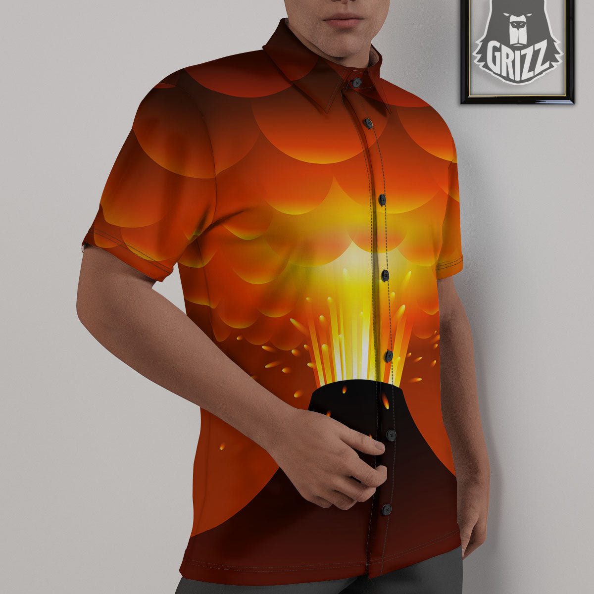 Volcano Erupt Print Untucked Shirts-grizzshop