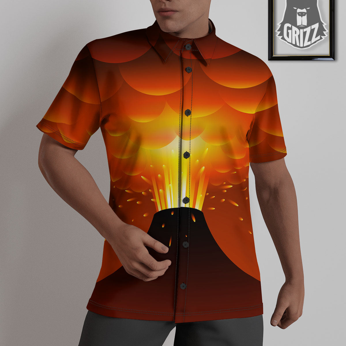 Volcano Erupt Print Untucked Shirts-grizzshop