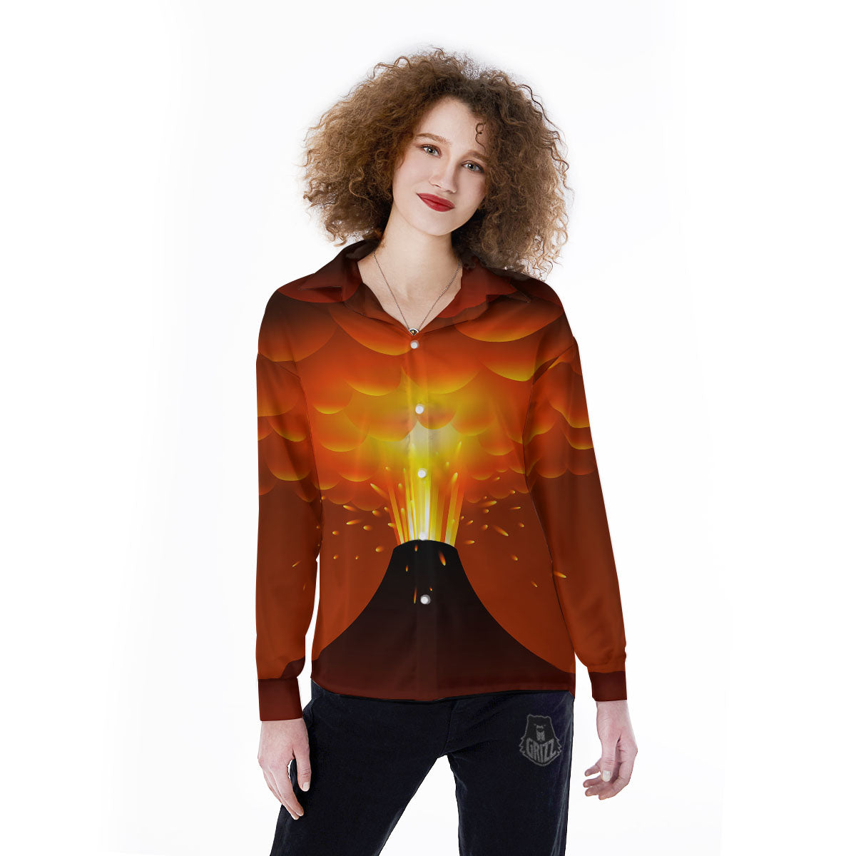 Volcano Erupt Print Women's Long Sleeve Shirts-grizzshop