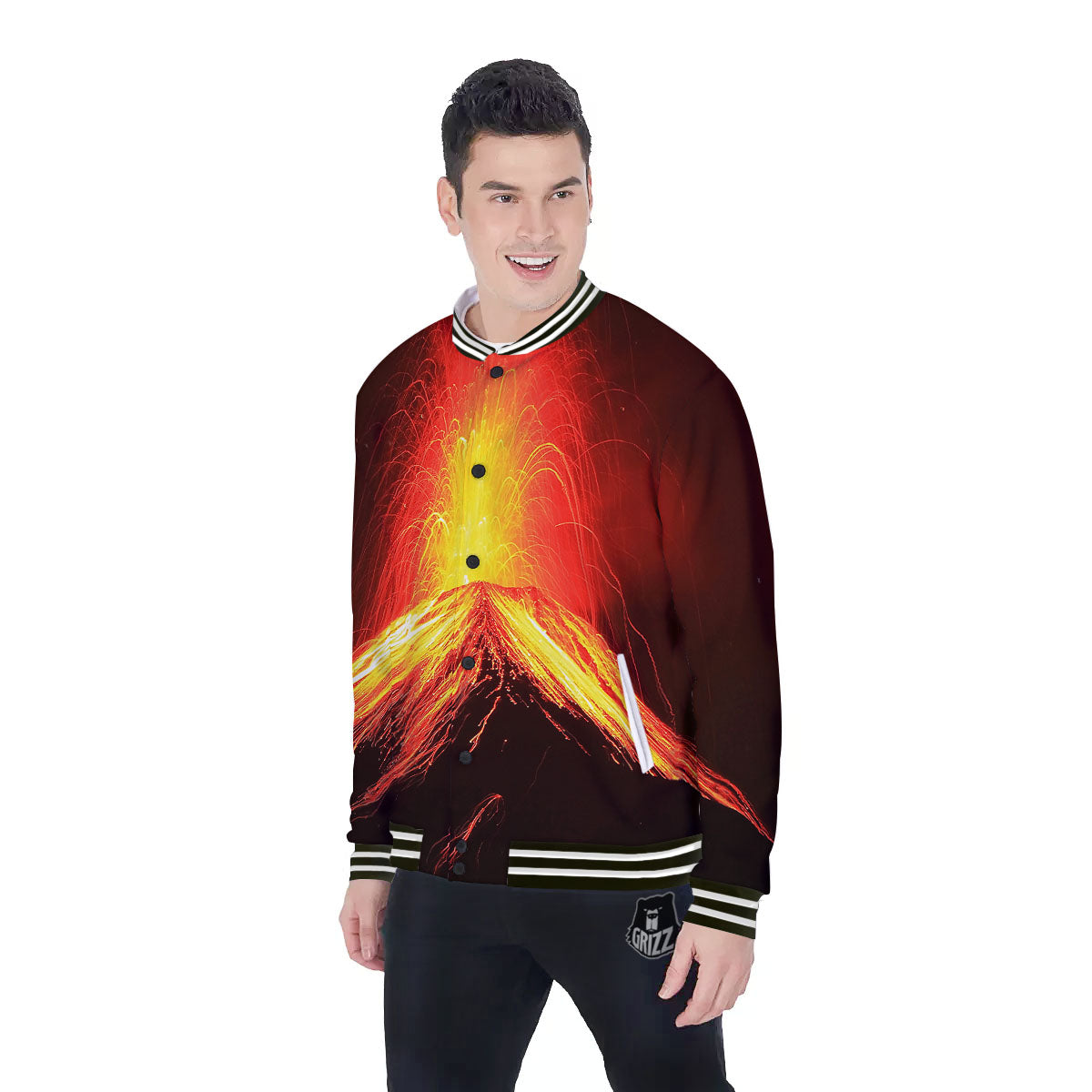 Volcano On Fire Print Baseball Jacket-grizzshop