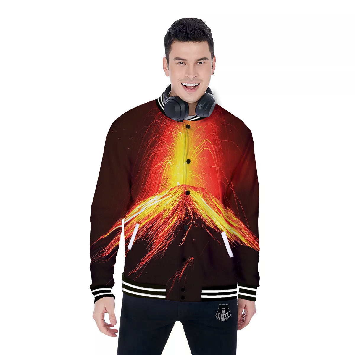 Volcano On Fire Print Baseball Jacket-grizzshop