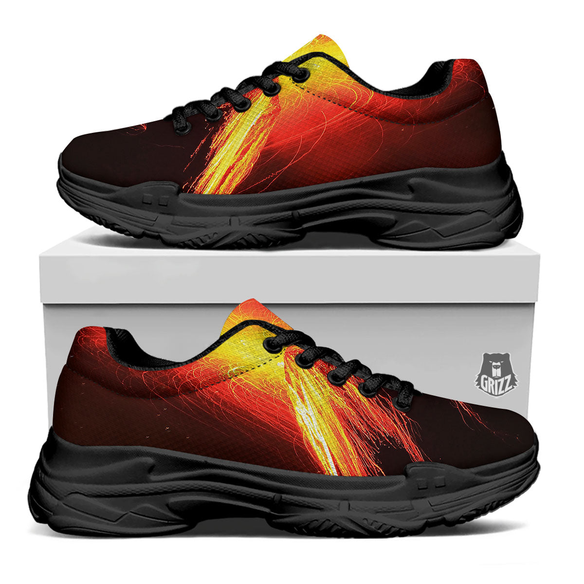 Volcano On Fire Print Black Chunky Shoes-grizzshop
