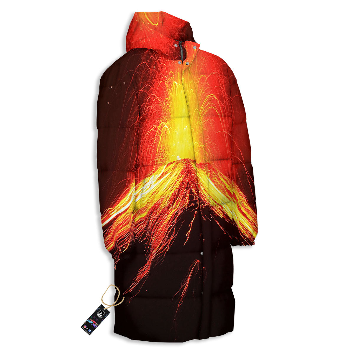 Volcano On Fire Print Long Down Jacket-grizzshop