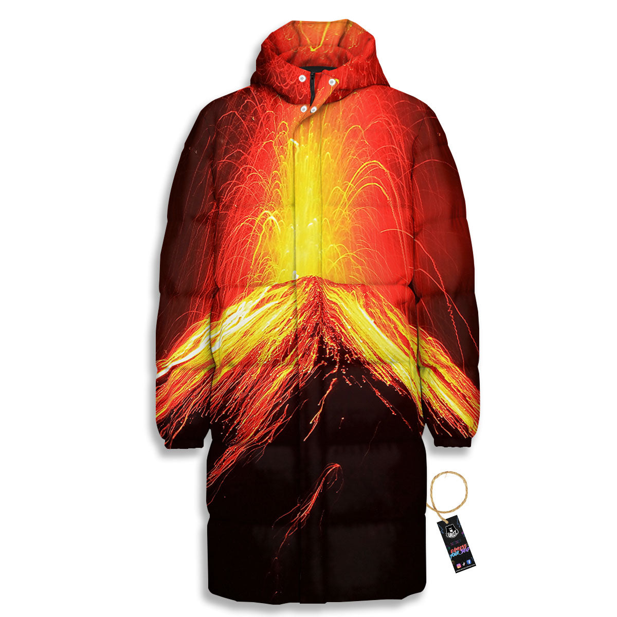 Volcano On Fire Print Long Down Jacket-grizzshop