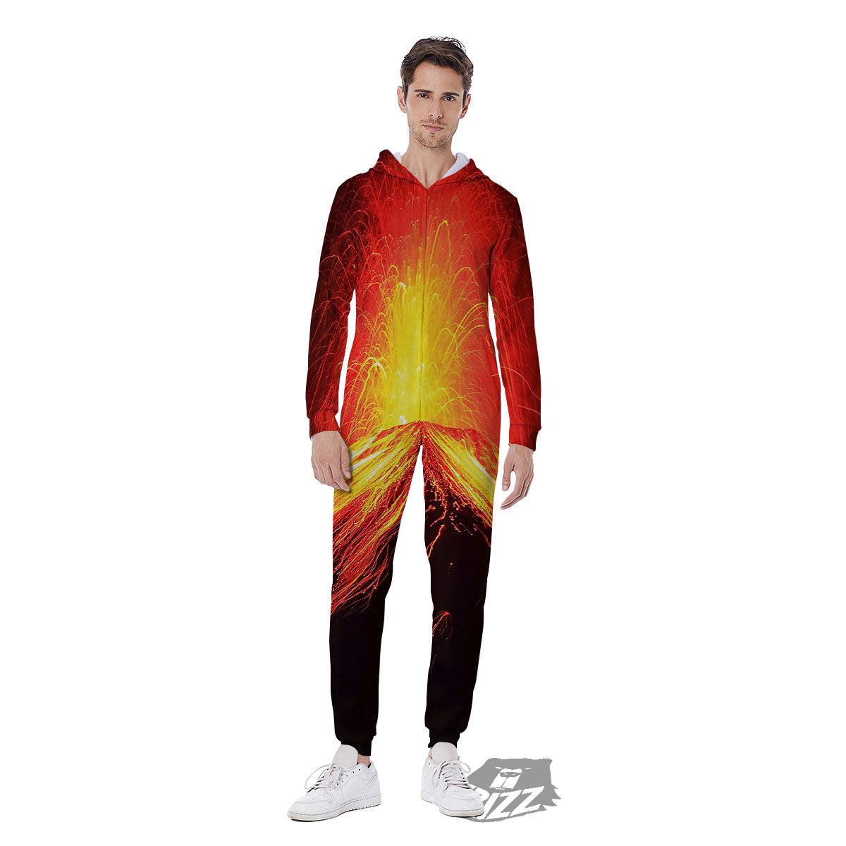 Volcano On Fire Print Men's Jumpsuit-grizzshop