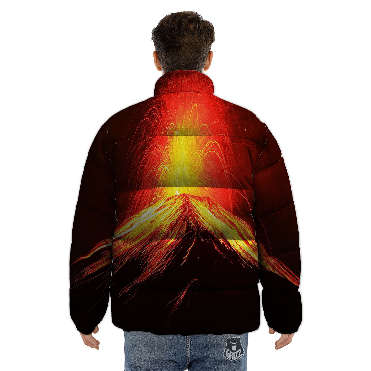 Volcano On Fire Print Puffer Jacket-grizzshop
