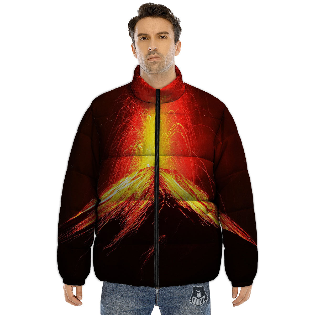 Volcano On Fire Print Puffer Jacket-grizzshop