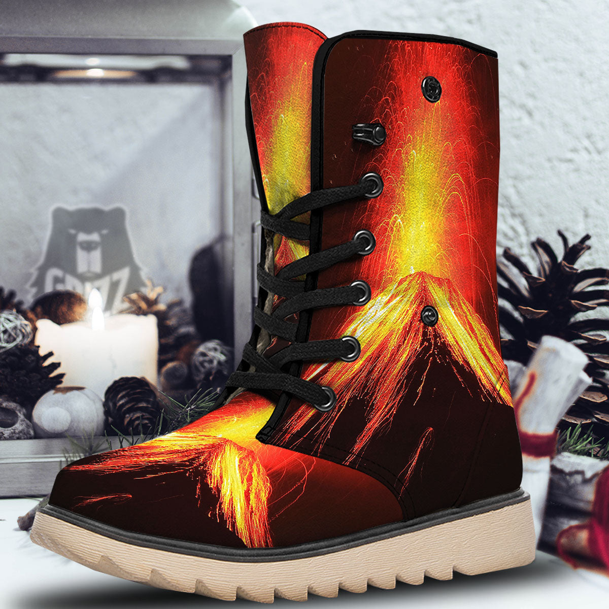 Volcano On Fire Print Snow Boots-grizzshop