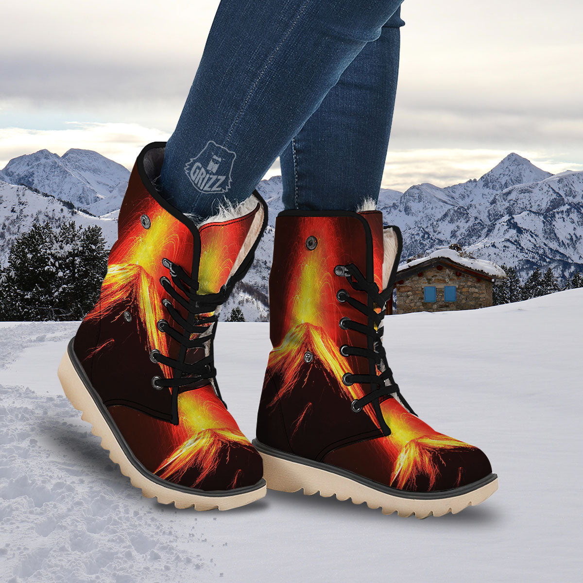 Volcano On Fire Print Snow Boots-grizzshop