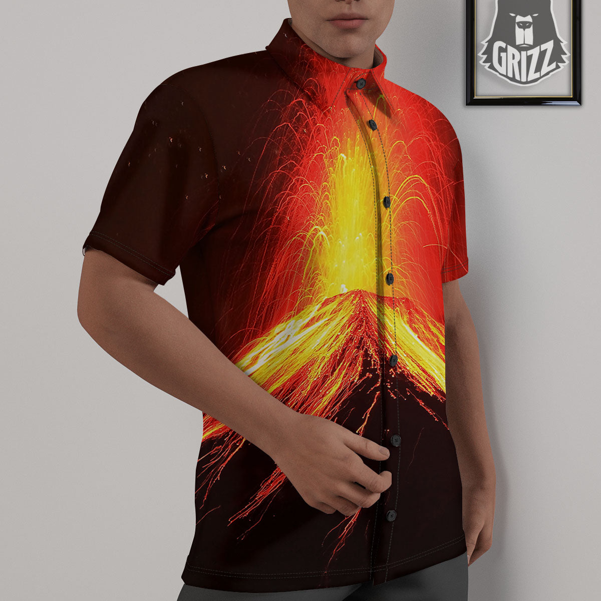 Volcano On Fire Print Untucked Shirts-grizzshop