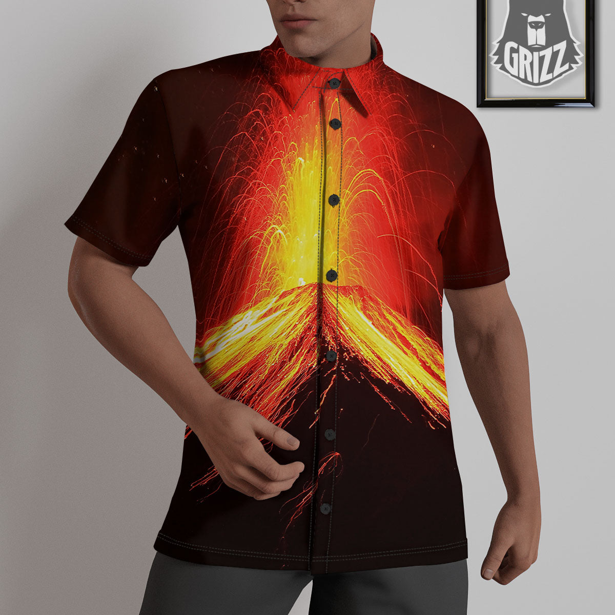 Volcano On Fire Print Untucked Shirts-grizzshop