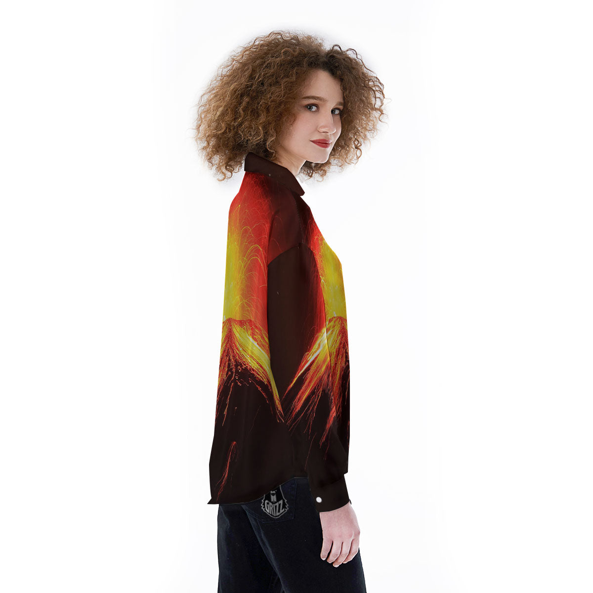 Volcano On Fire Print Women's Long Sleeve Shirts-grizzshop
