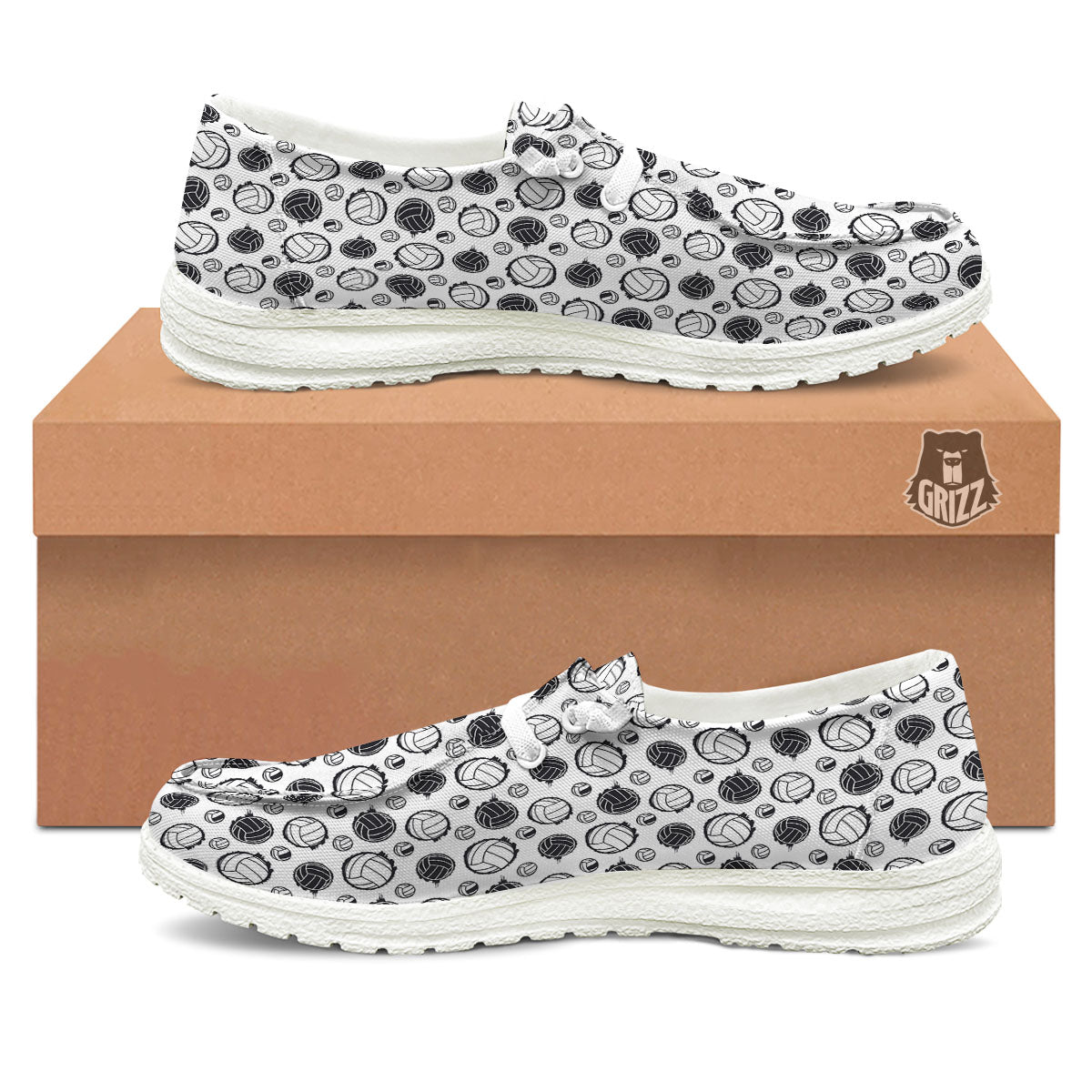 Volleyball White And Black Print Pattern White Loafers-grizzshop