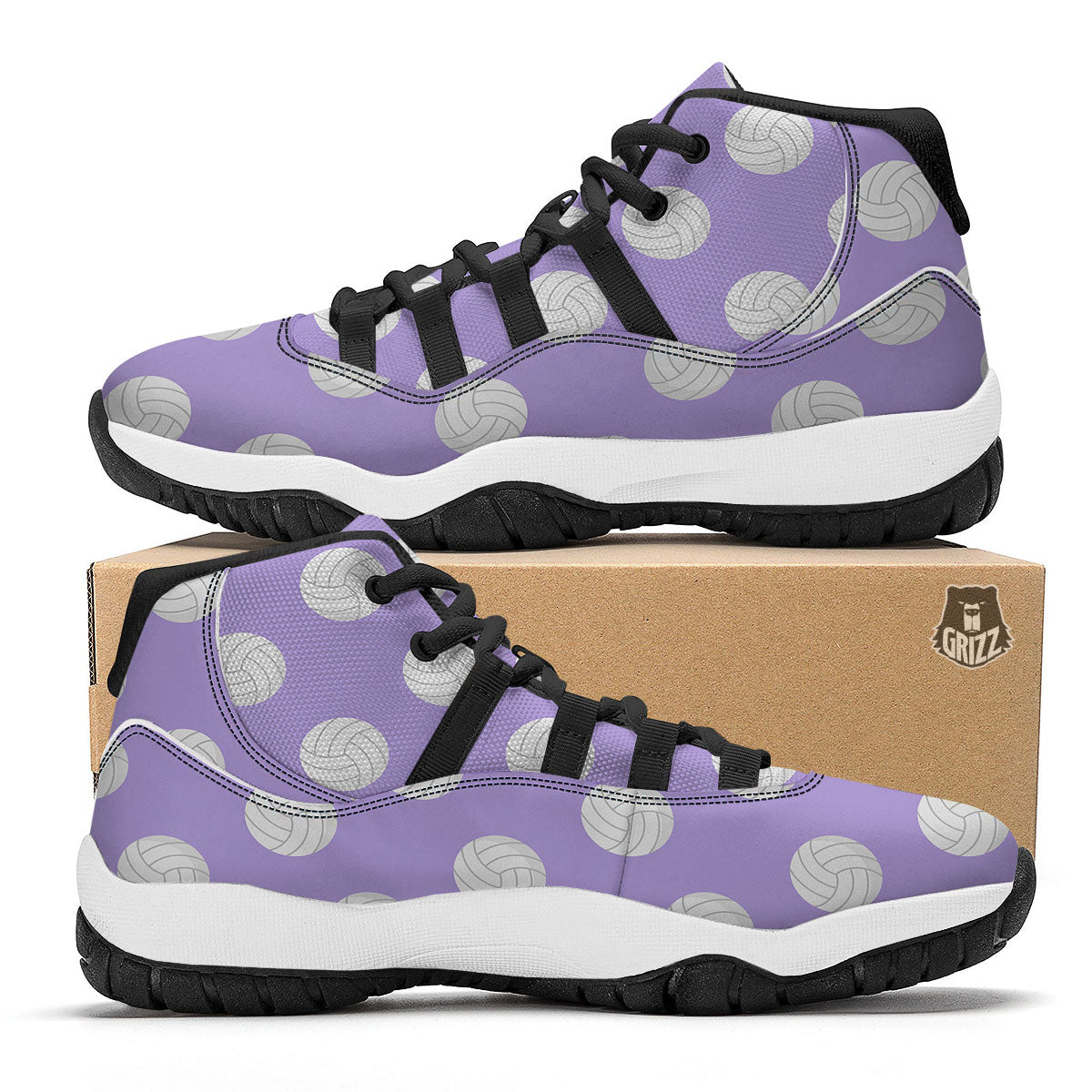 Volleyball White And Purple Print Pattern Black Bball Shoes-grizzshop