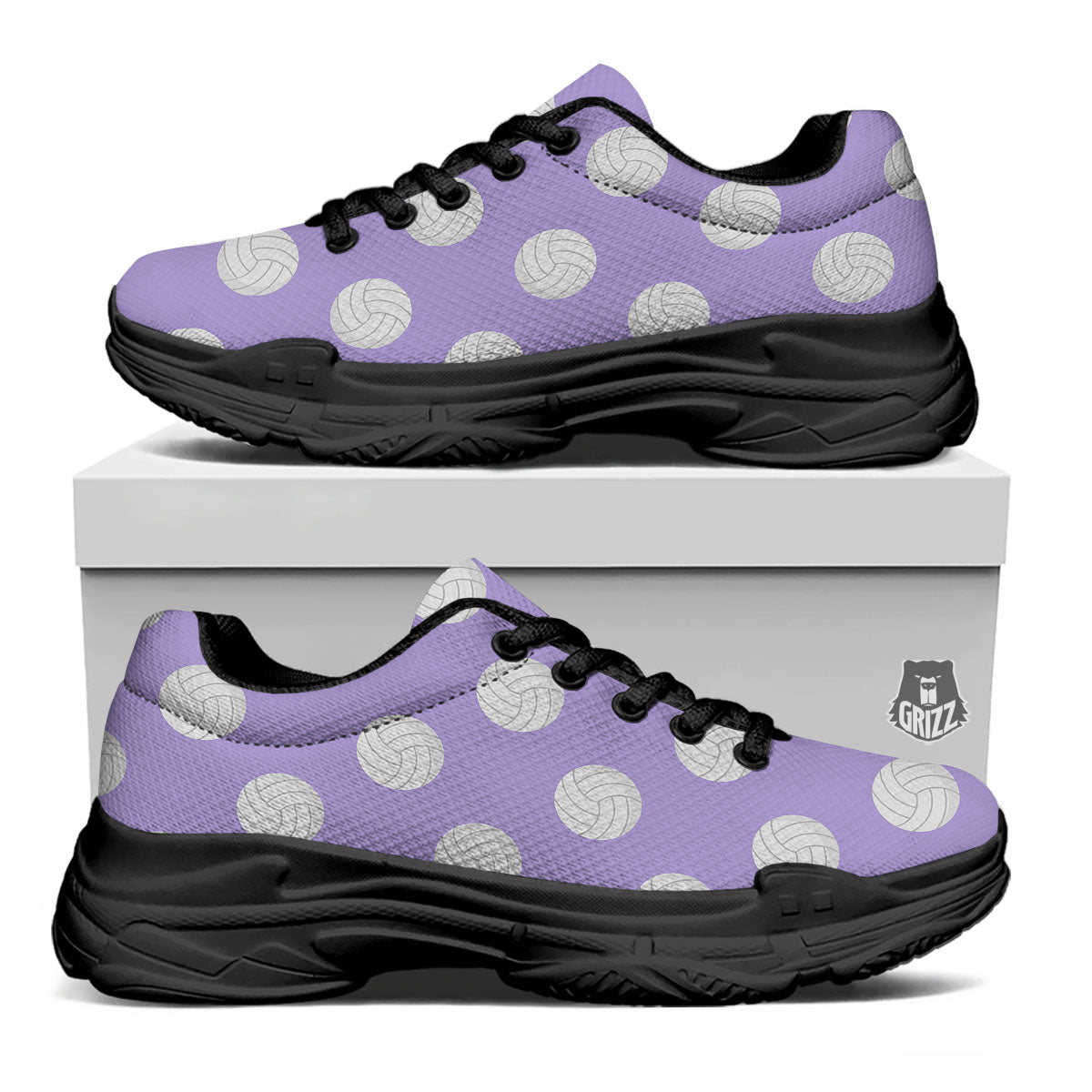 Volleyball White And Purple Print Pattern Black Chunky Shoes-grizzshop