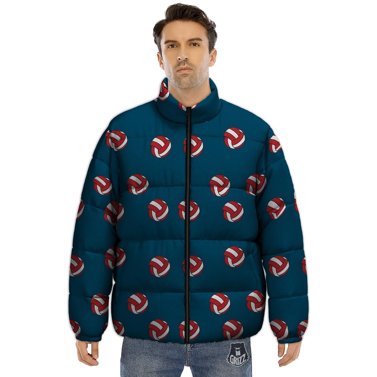 Volleyball White And Red Print Pattern Puffer Jacket-grizzshop