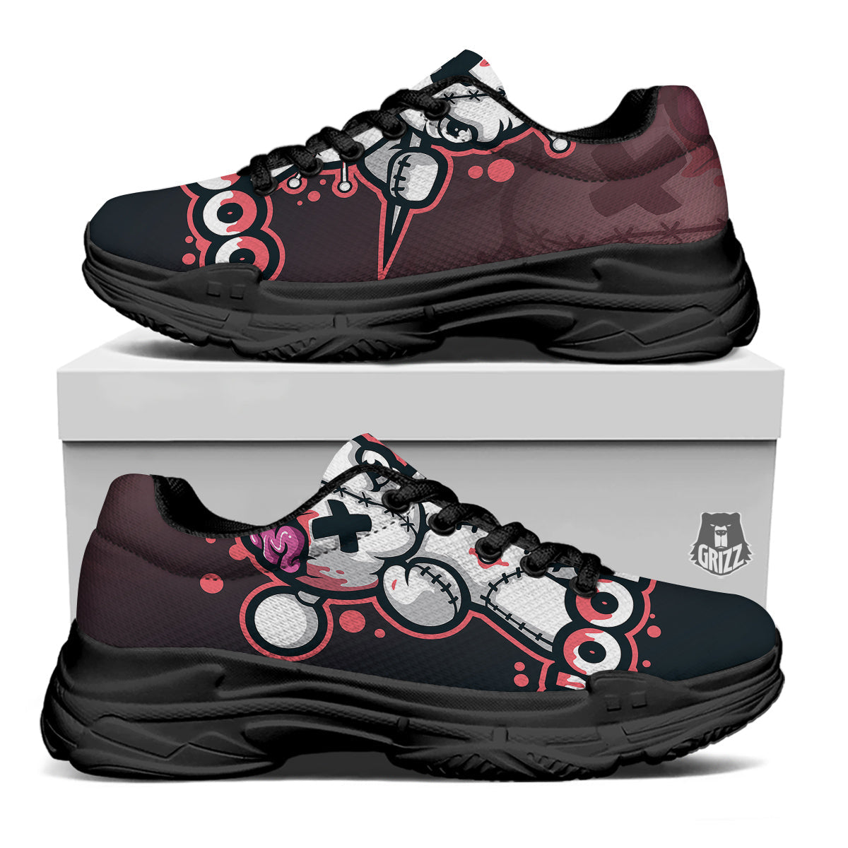 Voodoo Doll Cartoon Print Black Chunky Shoes-grizzshop