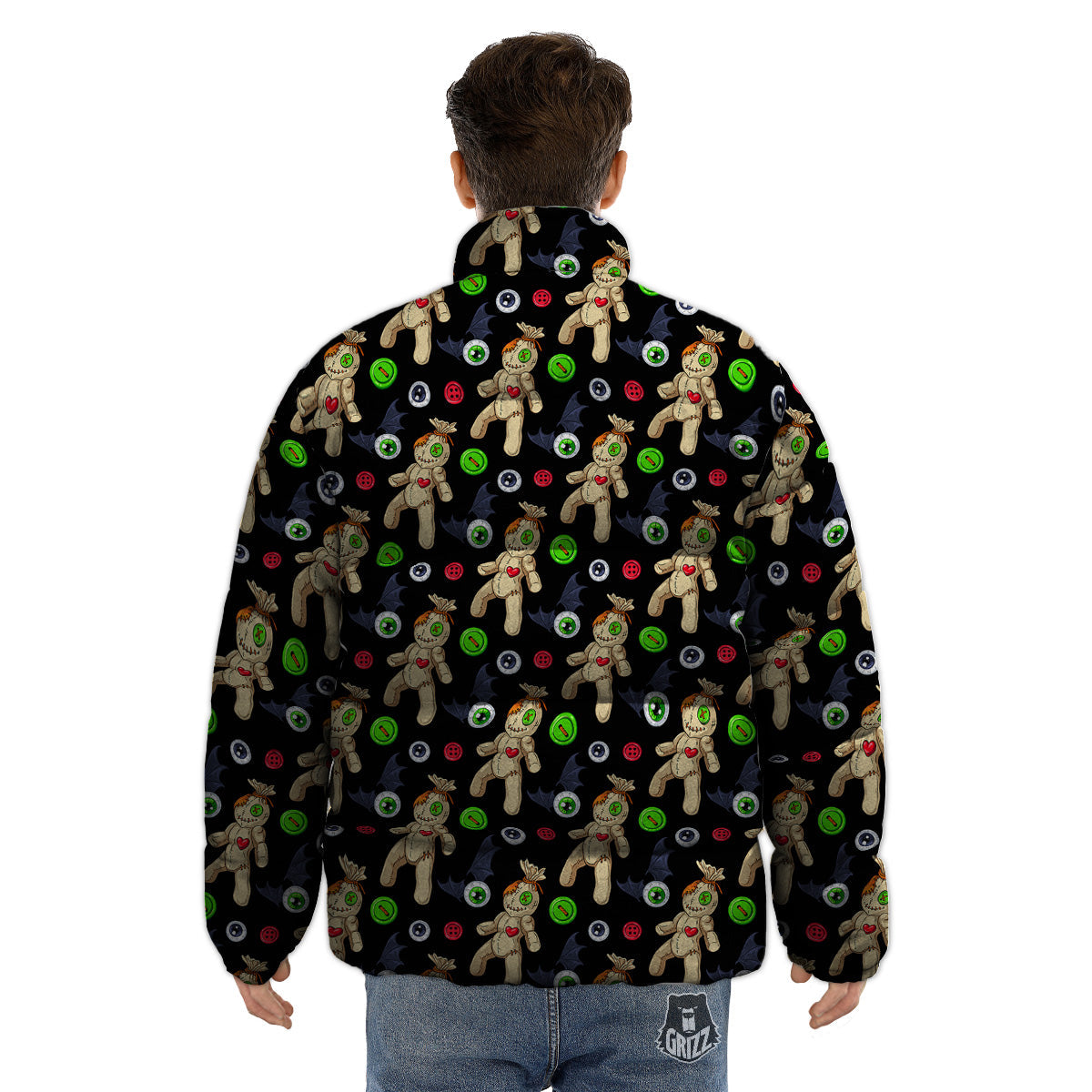 Voodoo Doll Cartoon Print Pattern Puffer Jacket-grizzshop