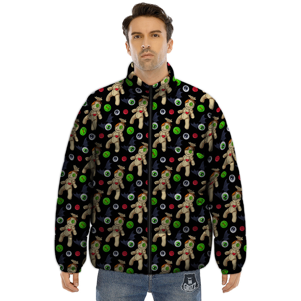 Voodoo Doll Cartoon Print Pattern Puffer Jacket-grizzshop