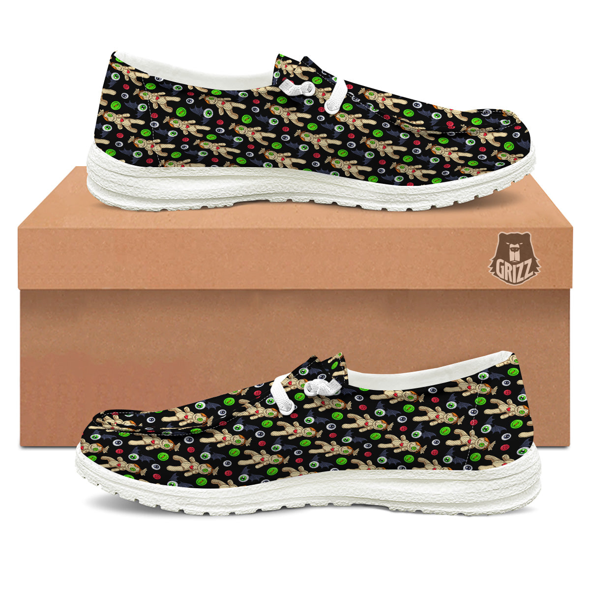 Voodoo Doll Cartoon Print Pattern White Loafers-grizzshop