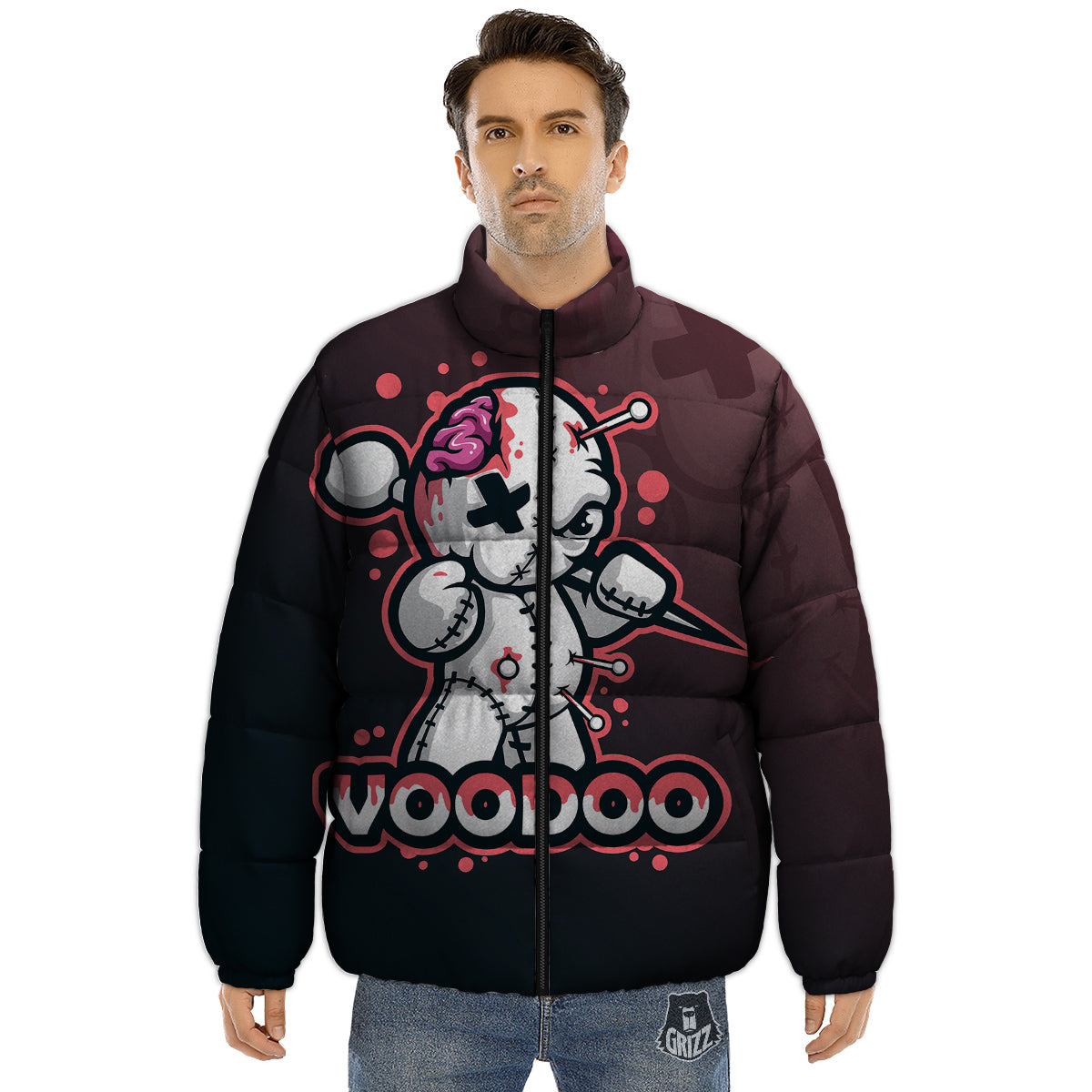 Voodoo Doll Cartoon Print Puffer Jacket-grizzshop