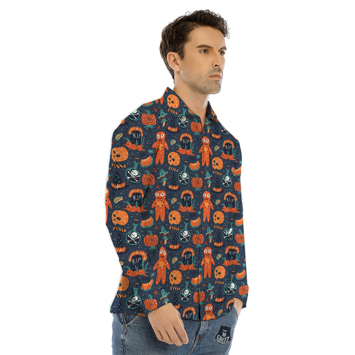 Voodoo Doll Halloween Print Pattern Men's Dress Shirts-grizzshop