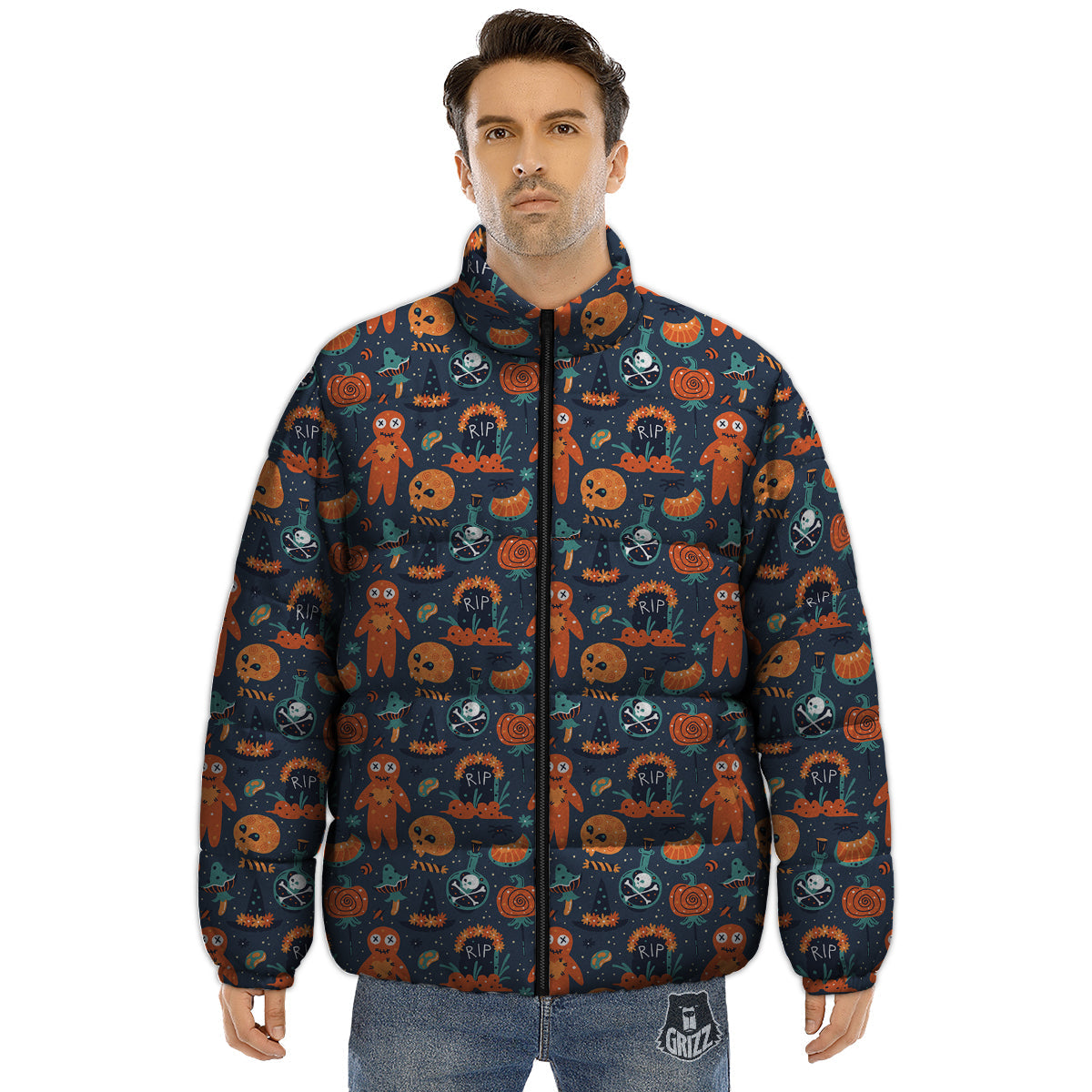 Voodoo Doll Halloween Print Pattern Puffer Jacket-grizzshop