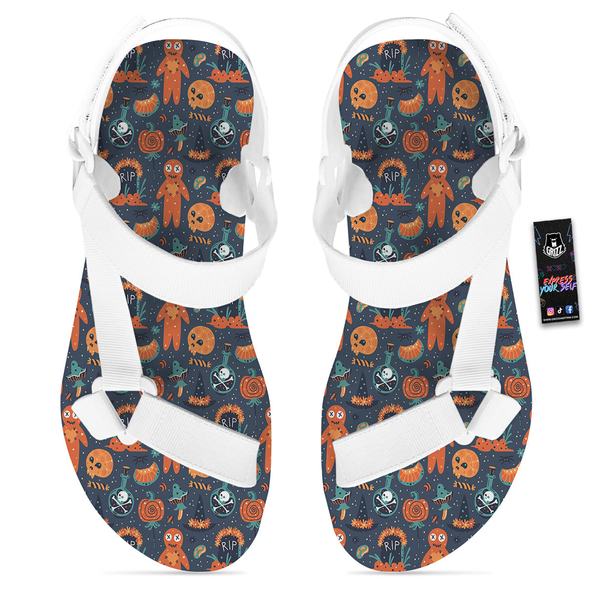 Voodoo Doll Halloween Print Pattern White Open Toe Sandals-grizzshop
